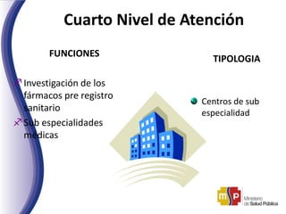 Cuarto Nivel de Atención
FUNCIONES
Investigación de los
fármacos pre registro
sanitario
Sub especialidades
médicas
TIPOLOGIA
Centros de sub
especialidad
 