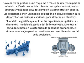 Un modelo de gestión es un esquema o marco de referencia para la
administración de una entidad. Pueden ser aplicados tanto en las
empresas y negocios privados como en la administración pública.
Los gobiernos tienen un modelo de gestión en el que se basan para
desarrollar sus políticas y acciones para alcanzar sus objetivos.
El modelo de gestión que utilizan las organizaciones públicas es
diferente al modelo de gestión del ámbito privado. Mientras el
segundo se basa en la obtención de ganancias económicas, el
primero pone en juego otras cuestiones, como el bienestar social
de la población.
 