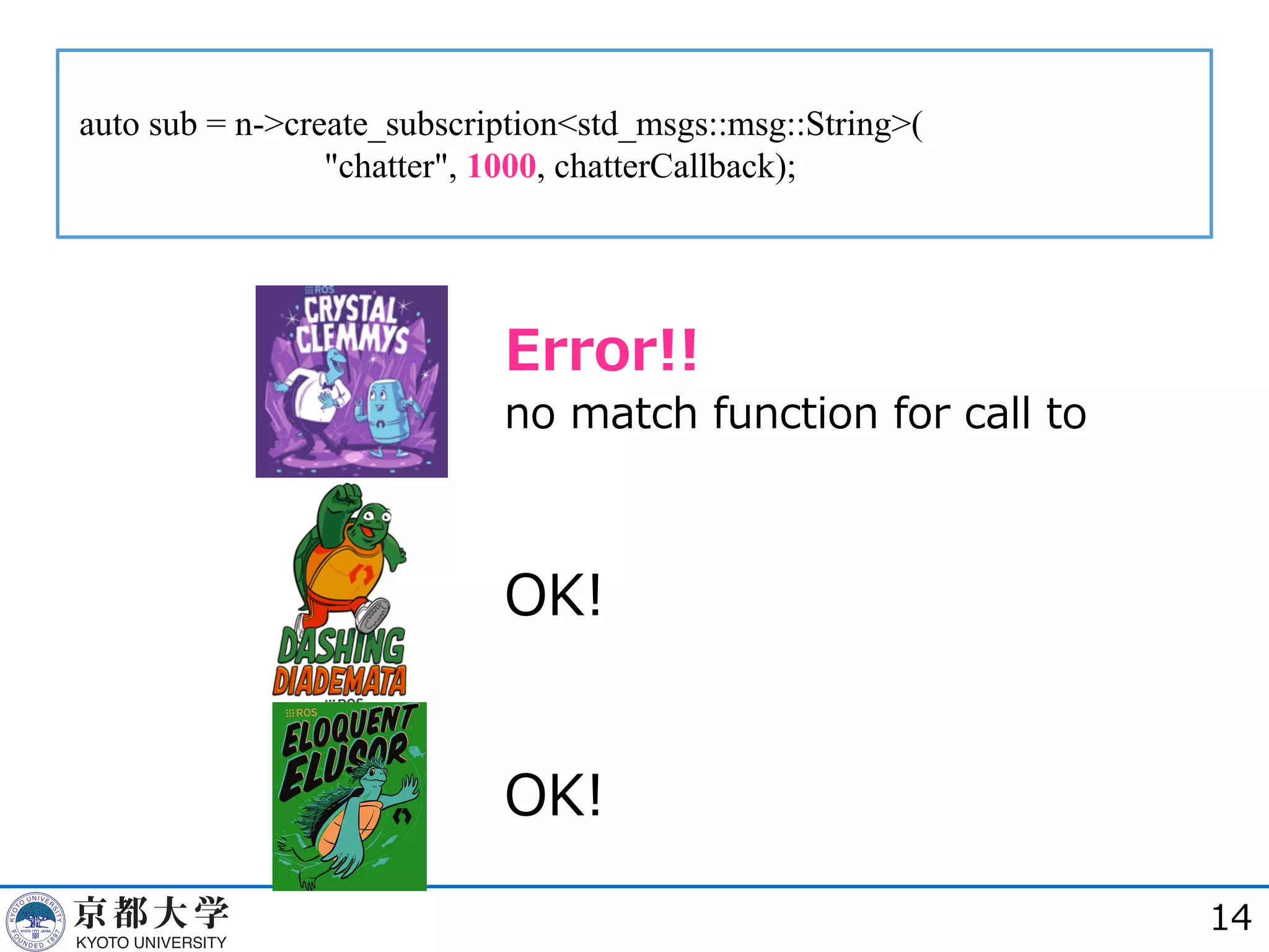 auto sub = n->create_subscription<std_msgs::msg::String>(
"chatter", 1000, chatterCallback);
14
OK!
OK!
Error!!
no match function for call to
 