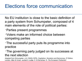 Elections force communication

No EU institution is close to the basic definition of
a party system from Schumpeter, composed of 4
main elements of the role of political parties:
Parties present programmes
Voters make an informed choice between
competing parties
The successful party puts its programme into
practice
The governing party judged on its successes at
the next election
Adapted from Schumpeter, J.A. [1943] (1976), Capitalism, Socialism and Democracy, 5th Edition,
London, Allen & Unwin, quoted in Judge, D. & Earnshaw, D.,The European Parliament
 