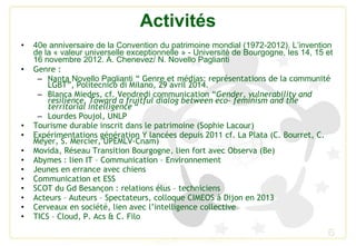 Activités
• 40e anniversaire de la Convention du patrimoine mondial (1972-2012). L’invention
de la « valeur universelle exceptionnelle » - Université de Bourgogne, les 14, 15 et
16 novembre 2012. A. Chenevez/ N. Novello Paglianti
• Genre :
– Nanta Novello Paglianti “ Genre et médias: représentations de la communité
LGBT”, Politecnico di Milano, 29 avril 2014.
– Blanca Miedes, cf. Vendredi communication “Gender, vulnerability and
resilience. Toward a fruitful dialog between eco- feminism and the
territorial intelligence “
– Lourdes Poujol, UNLP
• Tourisme durable inscrit dans le patrimoine (Sophie Lacour)
• Expérimentations génération Y lancées depuis 2011 cf. La Plata (C. Bourret, C.
Meyer, S. Mercier, UPEMLV-Cnam)
• Movida, Réseau Transition Bourgogne, lien fort avec Observa (Be)
• Abymes : lien IT – Communication – Environnement
• Jeunes en errance avec chiens
• Communication et ESS
• SCOT du Gd Besançon : relations élus – techniciens
• Acteurs – Auteurs – Spectateurs, colloque CIMEOS à Dijon en 2013
• Cerveaux en société, lien avec l’intelligence collective
• TICS – Cloud, P. Acs & C. Filo
6
 