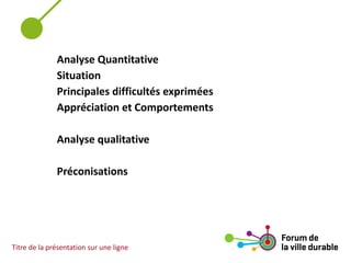 Titre de la présentation sur une ligne
Analyse Quantitative
Situation
Principales difficultés exprimées
Appréciation et Comportements
Analyse qualitative
Préconisations
 