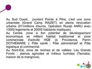 Au Sud Ouest, jouxtant Pointe à Pitre, c'est une zone
urbanisée (Grand Camp RAIZET) en pleine rénovation
urbaine (511millions d'euros, Opération Ruzab ANRU avec
13000 logements et 20000 habitants impliques).
Au Centre, zone à fort potentiel de développement
économique se mêlent habitat traditionnel et zone
commerciale d'activité HQE (à Providence, Perrin
DOTHEMARE ); Pôle santé ; Pôle administratif et Pôle
logistique et commercial.
Au Nord-Est, zone de mornes et de vallées: Les Grands
Fonds ; plaines agricoles et milieux humides (Taonaba,
maison de la mangrove).
 