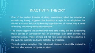 INACTIVITY THEORY
• One of the earliest theories of sleep, sometimes called the adaptive or
evolutionary theory, suggests that inactivity at night is an adaptation that
served a survival function by keeping organisms out of harm’s way at times
when they would be particularly vulnerable.
• The theory suggests that animals that were able to stay still and quiet during
these periods of vulnerability had an advantage over other animals that
remained active. These animals did not have accidents during activities in
the dark, for example, and were not killed by predators.
• Through natural selection, this behavioral strategy presumably evolved to
become what we now recognize as sleep.
 