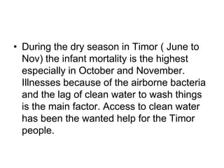 During the dry season in Timor ( June to Nov) the infant mortality is the highest especially in October and November. Illnesses because of the airborne bacteria and the lag of clean water to wash things is the main factor. Access to clean water has been the wanted help for the Timor people.