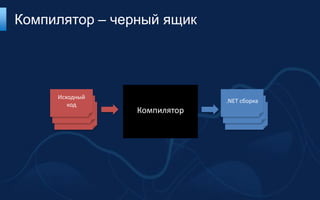 Компилятор – черный ящик




     Исходный
                                 .NET сборка
        код
     Source code                  Source code
      Source code   Компилятор     Source code
 