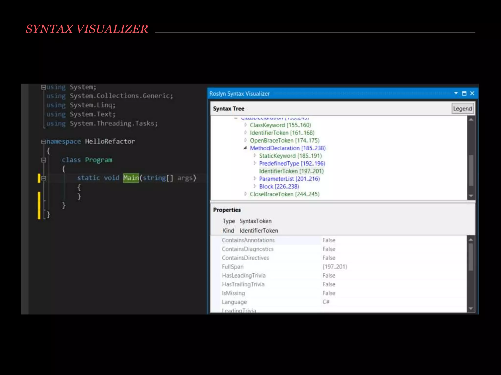 PROJECT TEMPLATES
Console
applications
Create code
refactoring
plugins
Diagnostic,
build
extensions
 