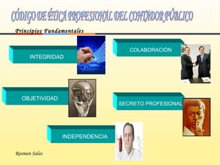 CÓDIGO DE ÉTICA PROFESIONAL DEL CONTADOR PÚBLICO Principios Fundamentales Rosman Salas INTEGRIDAD OBJETIVIDAD INDEPENDENCIA SECRETO PROFESIONAL COLABORACIÓN 