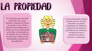 Existen propiedades muebles
(pueden moverse de sitio),
inmuebles (no pueden
transportarse sin dañarlas),
corporal (la que puede ser
percibida por los sentidos) e
incorporal (la que se
constituye por meros
derechos, es abstracta).
Es el derecho que tiene toda
persona de usar, gozar,
disfrutar y disponer sus bienes
de acuerdo a la ley. Dicho
derecho será protegido por el
Estado, por lo que nadie podrá
ser privado, ni molestado en
sus a bienes sino en virtud de
un juicio que cumpla con las
formalidades esenciales del
procedimiento.
 