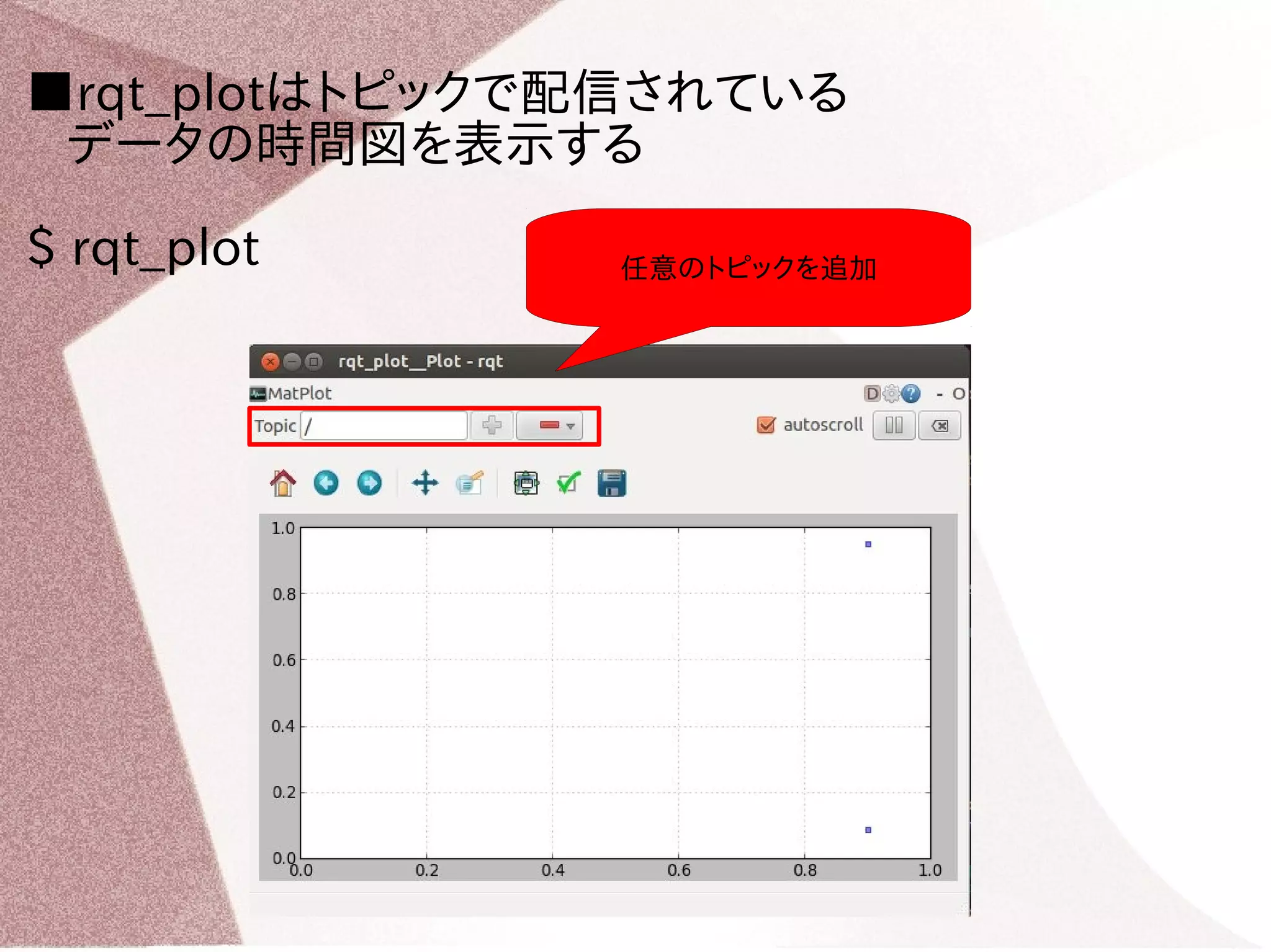 ■rqt_plotはトピックで配信されている 
データの時間図を表示する 
$ rqt_plot 任意のトピックを追加 
 