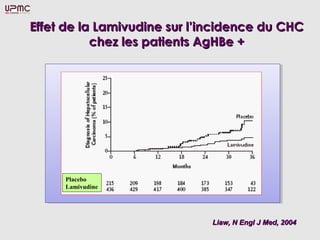 Effet de la Lamivudine sur l’incidence du CHC
           chez les patients AgHBe +




     Placebo
     Lamivudine




                             Liaw, N Engl J Med, 2004
 