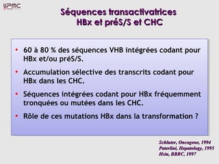 Séquences transactivatrices
               HBx et préS/S et CHC


• 60 à 80 % des séquences VHB intégrées codant pour
  HBx et/ou préS/S.
• Accumulation sélective des transcrits codant pour
  HBx dans les CHC.
• Séquences intégrées codant pour HBx fréquemment
  tronquées ou mutées dans les CHC.
• Rôle de ces mutations HBx dans la transformation ?


                                        Schluter, Oncogene, 1994
                                        Paterlini, Hepatology, 1995
                                        Hsia, BBRC, 1997
 