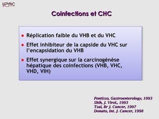 Coinfections et CHC


• Réplication faible du VHB et du VHC
• Effet inhibiteur de la capside du VHC sur
  l’encapsidation du VHB
• Effet synergique sur la carcinogénèse
  hépatique des coinfections (VHB, VHC,
  VHD, VIH)




                             Pontisso, Gastroenterology, 1993
                             Shih, J. Virol., 1993
                             Tsai, Br J. Cancer, 1997
                             Donato, Int. J. Cancer, 1998
 