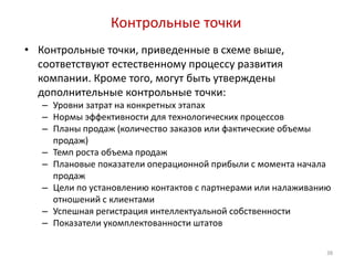 Контрольные точки
• Контрольные точки, приведенные в схеме выше,
  соответствуют естественному процессу развития
  компании. Кроме того, могут быть утверждены
  дополнительные контрольные точки:
   – Уровни затрат на конкретных этапах
   – Нормы эффективности для технологических процессов
   – Планы продаж (количество заказов или фактические объемы
     продаж)
   – Темп роста объема продаж
   – Плановые показатели операционной прибыли с момента начала
     продаж
   – Цели по установлению контактов с партнерами или налаживанию
     отношений с клиентами
   – Успешная регистрация интеллектуальной собственности
   – Показатели укомплектованности штатов

                                                               38
 