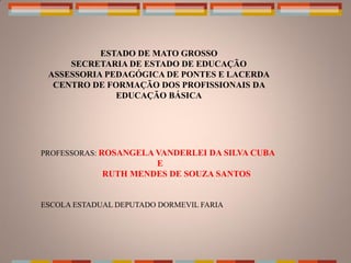 ESTADO DE MATO GROSSO
     SECRETARIA DE ESTADO DE EDUCAÇÃO
 ASSESSORIA PEDAGÓGICA DE PONTES E LACERDA
  CENTRO DE FORMAÇÃO DOS PROFISSIONAIS DA
              EDUCAÇÃO BÁSICA




PROFESSORAS: ROSANGELA VANDERLEI DA SILVA CUBA
                      E
             RUTH MENDES DE SOUZA SANTOS


ESCOLA ESTADUAL DEPUTADO DORMEVIL FARIA
 