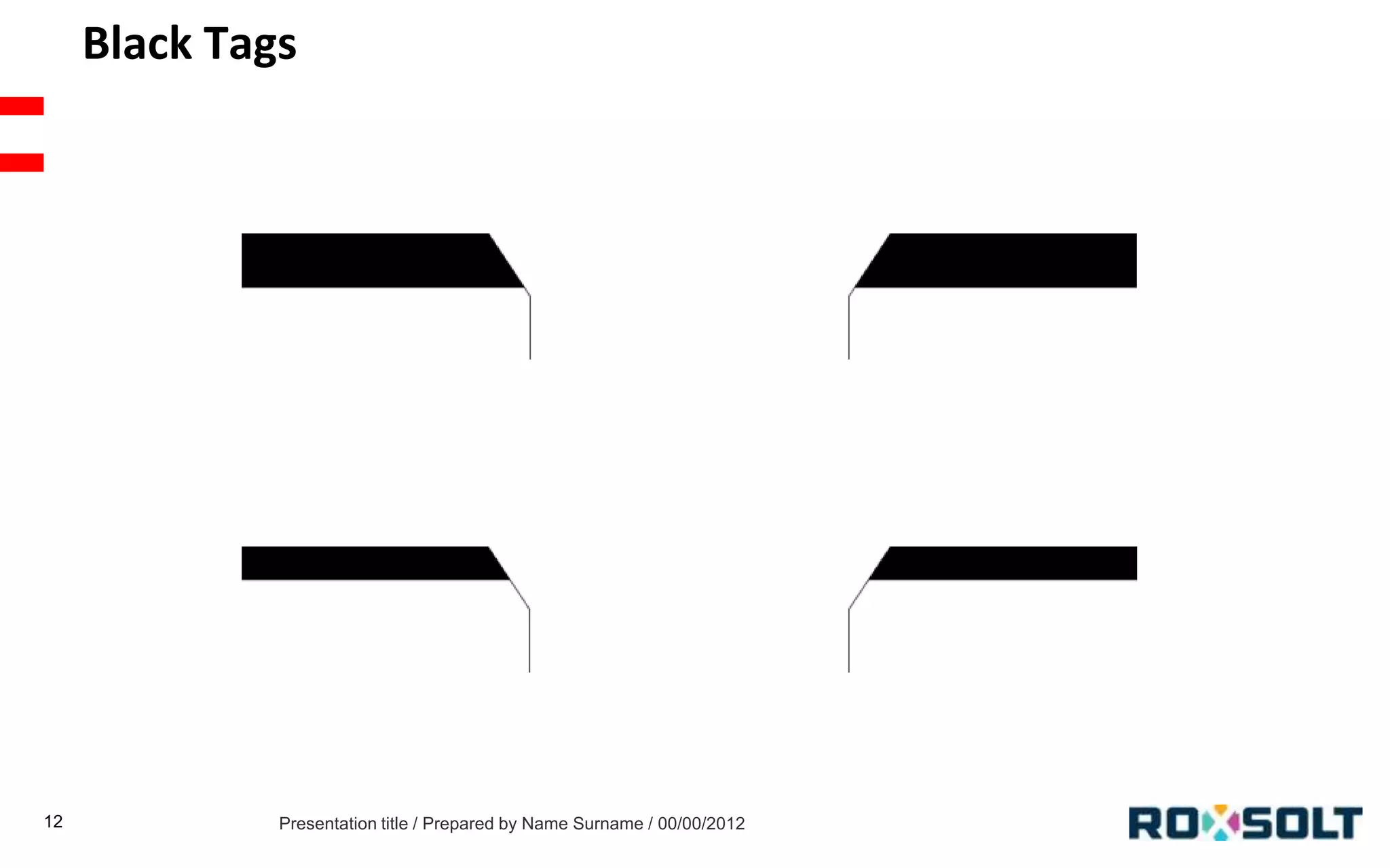 Black Tags

12

Presentation title / Prepared by Name Surname / 00/00/2012

 