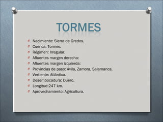 O Nacimiento: Sierra de Gredos.
O Cuenca: Tormes.
O Régimen: Irregular.
O Afluentes margen derecha:
O Afluentes margen izquierda:
O Provincias de paso: Ávila, Zamora, Salamanca.
O Vertiente: Atlántica.
O Desembocadura: Duero.
O Longitud:247 km.
O Aprovechamiento: Agricultura.
 