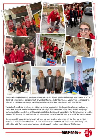 Trots våra framgångar och trots det faktum att tre av fyra partier i den borgerliga alliansen backade så
klarar dom att bilda en majoritet i kommunfullmäktige med 27 mandat. Men att de mindre borgerliga
partierna drabbas negativt av att Moderaternas totala dominans är uppenbart. Hur detta kommer utvecklas
till valet 2026 bli mycket intressant att se, eftersom Moderaterna ökade med ytterligare två mandat i valet.
Även i utpräglade borgerliga områden som Österskär och Rydbo ligger våra ökningar över snittet på 5,1 %.
Det är ett styrkebesked och genom att använda siffrorna och den kommande valanalysen som ledstjärna
kommer vi kunna bädda för nya framgångar när de här fyra åren i opposition lider mot sitt slut.
Trots våra framgångar och trots det faktum att tre av fyra partier i den borgerliga alliansen backade så
klarar dom att bilda en majoritet i kommunfullmäktige med 27 mandat. Men att de mindre borgerliga
partierna drabbas negativt av att Moderaternas totala dominans är uppenbart. Hur detta kommer utvecklas
till valet 2026 bli mycket intressant att se, eftersom Moderaterna ökade med ytterligare två mandat i valet.
Det kommer bli fyra spännande år och vårt nya lag som tar plats i nämnder och styrelser har ett ökat
förtroende från väljarna att förvalta. Vi skall använda detta klokt och vi behöver driva politiken på ett
målinriktat sätt. Den gamla sanningen om att valen avgörs mellan valen stämmer fortfarande.
 