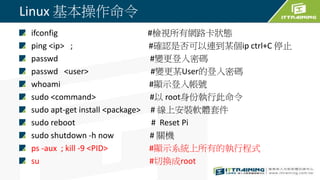 Linux 基本操作命令
ifconfig #檢視所有網路卡狀態
ping <ip> ; #確認是否可以連到某個ip ctrl+C 停止
passwd #變更登入密碼
passwd <user> #變更某User的登入密碼
whoami #顯示登入帳號
sudo <command> #以 root身份執行此命令
sudo apt-get install <package> # 線上安裝軟體套件
sudo reboot # Reset Pi
sudo shutdown -h now # 關機
ps -aux ; kill -9 <PID> #顯示系統上所有的執行程式
su #切換成root
 