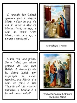 Anunciação a Maria
O Arcanjo São Gabriel
apareceu para a Virgem
Maria e disse-lhe que ela iria
se tornar a Mãe do Menino
Jesus, ou seja, a Mãe de
Deus:
“Ave Maria, cheia de
graça, o Senhor é
convosco!”.
Nossa Senhora traz Jesus
em seu ventre, mas ninguém
sabe. Um dia, ela vai visitar
sua prima Isabel, que também
estava grávida, esperando o
bebê São João Batista nascer.
Quando elas finalmente se
encontram, Santa Isabel diz:
“Bendita sois vós entre as
mulheres, e bendito é o fruto do
vossoventre!”.Isabel soube, por
revelação divina, aquilo que
Nossa Senhora não havia dito
à ninguém.
Visitação de Nossa Senhora a
sua prima Isabel
 