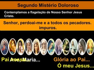 Segundo Mistério Doloroso Ave, Maria... Glória ao Pai...  Ó meu Jesus... Pai nosso... O povo instigado pelos fariseus pede a morte de Jesus. Pilatos esperando movê-Ios à compaixão, condena Jesus à flagelação. Jesus despido e amarrado à uma coluna e barbaramente flagelado. A sua carne virginal é rasgada e triturada pelos açoites. O sangue corre-lhe em borbotões das feridas abertas. Eterno Pai pelo sangue preciosismo de Jesus misericórdia. O corpo de Jesus é transformado numa chaga viva dos pés à cabeça. O meu Jesus, eu beijo com amor as vossas santíssimas chagas. Jesus já não tem formosura; assemelha-se a um leproso. Desatado da coluna, cai por terra numa poça de sangue. Com tais sofrimentos Jesus expia os pecados impuros. Senhor, perdoai-me e a todos os pecadores. Contemplamos a flagelação de Nosso Senhor Jesus Cristo. 