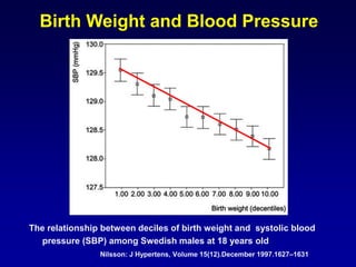 The relationship between deciles of birth weight and systolic blood
pressure (SBP) among Swedish males at 18 years old
Nilsson: J Hypertens, Volume 15(12).December 1997.1627–1631
Fig. 1
Birth Weight and Blood Pressure
 
