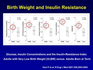 Hovi P et al. N Engl J Med 2007;356:2053-2063
Glucose, Insulin Concentrations and the Insulin-Resistance Index
Adults with Very Low Birth Weight (VLBW) versus Adults Born at Term
Birth Weight and Insulin Resistance
 