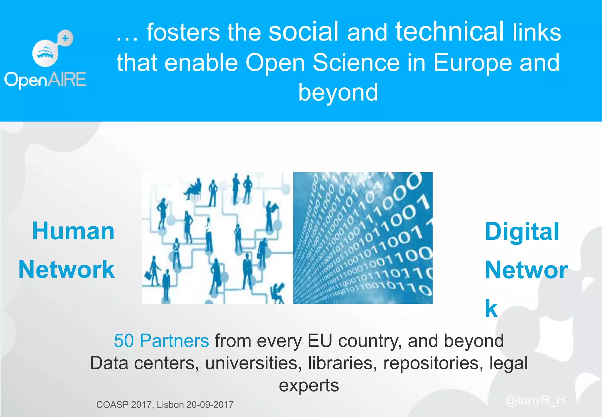 Human
Network
50 Partners from every EU country, and beyond
Data centers, universities, libraries, repositories, legal
experts
Digital
Networ
k
… fosters the social and technical links
that enable Open Science in Europe and
beyond
COASP 2017, Lisbon 20-09-2017 @tonyR_H
 