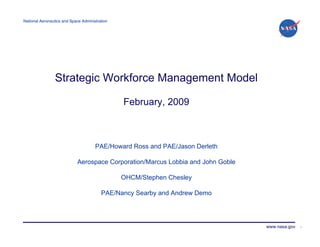 National Aeronautics and Space Administration




                Strategic Workforce Management Model

                                                February, 2009



                                      PAE/Howard Ross and PAE/Jason Derleth

                            Aerospace Corporation/Marcus Lobbia and John Goble

                                                OHCM/Stephen Chesley

                                         PAE/Nancy Searby and Andrew Demo




                                                                                 www.nasa.gov   1
 