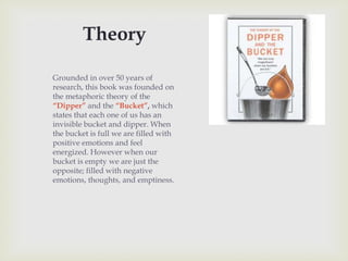 Theory

Grounded in over 50 years of
research, this book was founded on
the metaphoric theory of the
“Dipper” and the “Bucket”, which
states that each one of us has an
invisible bucket and dipper. When
the bucket is full we are filled with
positive emotions and feel
energized. However when our
bucket is empty we are just the
opposite; filled with negative
emotions, thoughts, and emptiness.
 