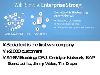 Socialtext is the first wiki company +2,000 customers $4.6M Backing: DFJ, Omidyar Network, SAP Board: Joi Ito, Jimmy Wales, Tim Draper Socialtext 
