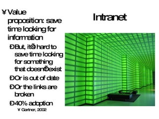 Intranet Value proposition: save time looking for information But, it’s hard to save time looking for something that doesn’t exist Or is out of date Or the links are broken 40% adoption Gartner, 2002 