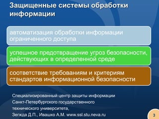 Защищенные системы обработки
информации

автоматизация обработки информации
ограниченного доступа

успешное предотвращение угроз безопасности,
действующих в определенной среде

соответствие требованиям и критериям
стандартов информационной безопасности

Специализированный центр защиты информации
Санкт-Петербургского государственного
технического университета,
Зегжда Д.П., Ивашко А.М. www.ssl.stu.neva.ru   3
 