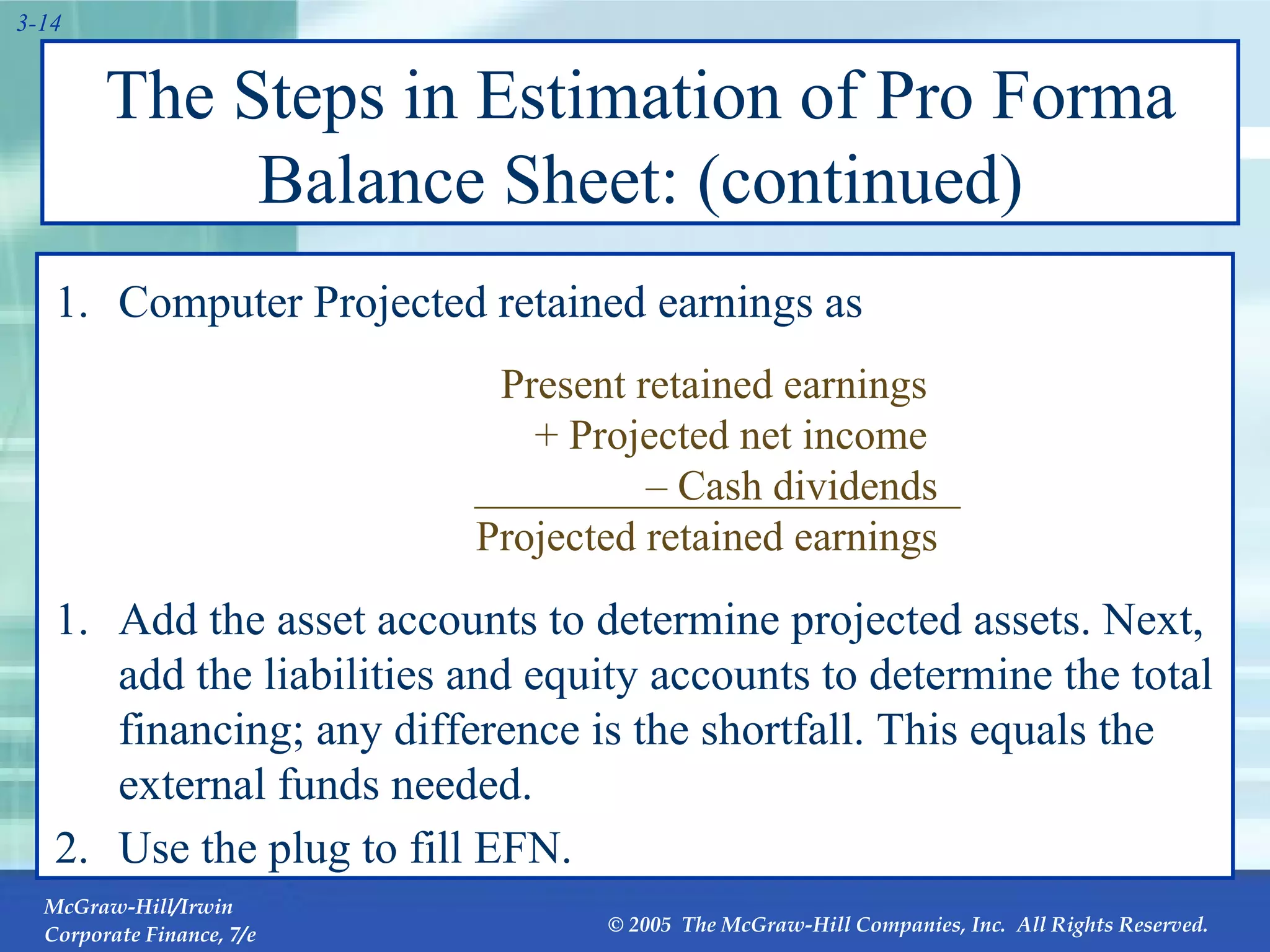 The Steps in Estimation of Pro Forma Balance Sheet: (continued) Add the asset accounts to determine projected assets. Next, add the liabilities and equity accounts to determine the total financing; any difference is the shortfall. This equals the external funds needed. Use the plug to fill EFN. Computer Projected retained earnings as Present retained earnings  + Projected net income  –  Cash dividends Projected retained earnings 