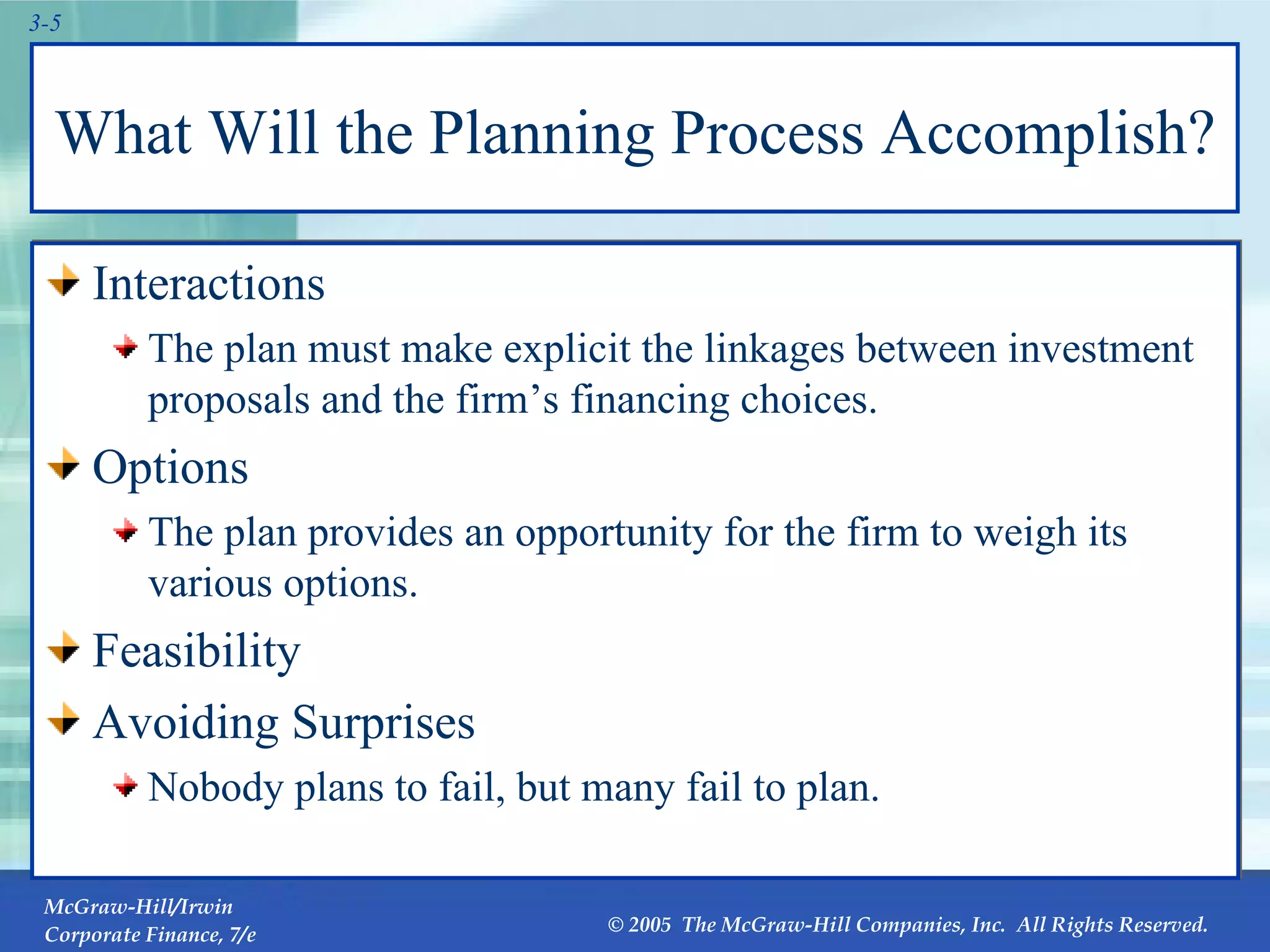 What Will the Planning Process Accomplish? Interactions The plan must make explicit the linkages between investment proposals and the firm’s financing choices. Options The plan provides an opportunity for the firm to weigh its various options. Feasibility Avoiding Surprises Nobody plans to fail, but many fail to plan. 