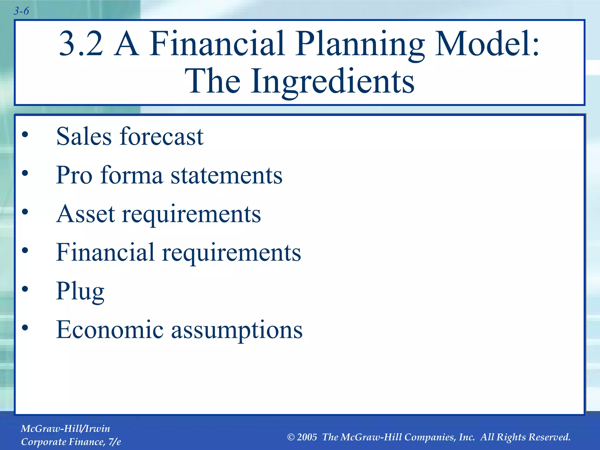 3.2 A Financial Planning Model: The Ingredients Sales forecast Pro forma statements Asset requirements Financial requirements Plug Economic assumptions 