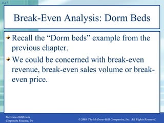 Break-Even Analysis: Dorm Beds Recall the “Dorm beds” example from the previous chapter. We could be concerned with break-even revenue, break-even sales volume or break-even price. 