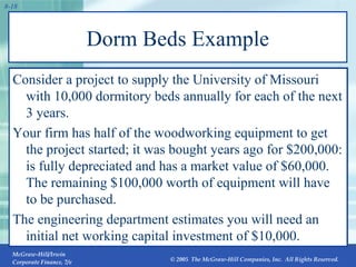 Dorm Beds Example Consider a project to supply the University of Missouri with 10,000 dormitory beds annually for each of the next 3 years.  Your firm has half of the woodworking equipment to get the project started; it was bought years ago for $200,000: is fully depreciated and has a market value of $60,000. The remaining $100,000 worth of equipment will have to be purchased.  The engineering department estimates you will need an initial net working capital investment of $10,000.  