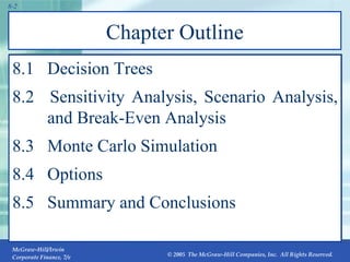 Chapter Outline 8.1  Decision Trees 8.2  Sensitivity Analysis, Scenario Analysis,  and Break-Even Analysis 8.3 Monte Carlo Simulation 8.4  Options 8.5  Summary and Conclusions 