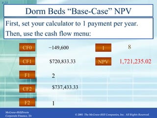 Dorm Beds “Base-Case” NPV First, set your calculator to 1 payment per year. Then, use the cash flow menu: CF2 CF1 F2 F1 CF0 2 $720,833.33 1 1,721,235.02 − 149,600 $737,433.33 I NPV 8 