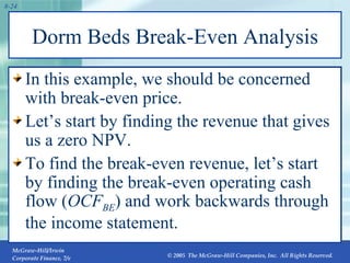 Dorm Beds Break-Even Analysis In this example, we should be concerned with break-even price. Let’s start by finding the revenue that gives us a zero NPV. To find the break-even revenue, let’s start by finding the break-even operating cash flow ( OCF BE ) and work backwards through the income statement. 