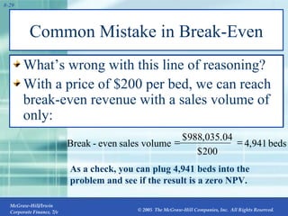 Common Mistake in Break-Even What’s wrong with this line of reasoning? With a price of $200 per bed, we can reach break-even revenue with a sales volume of only: As a check, you can plug 4,941 beds into the problem and see if the result is a zero NPV. beds 941 , 4 200 $ 04 . 035 , 988 $ volume sales even  - Break   