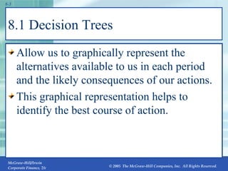 8.1 Decision Trees Allow us to graphically represent the alternatives available to us in each period and the likely consequences of our actions. This graphical representation helps to identify the best course of action. 