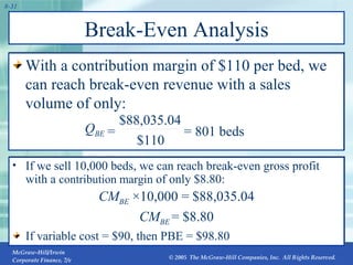 Break-Even Analysis With a contribution margin of $110 per bed, we can reach break-even revenue with a sales volume of only: If we sell 10,000 beds, we can reach break-even gross profit with a  contribution margin  of only $8.80: CM BE  × 10,000 = $88,035.04 CM BE  = $8.80 If variable cost = $90, then PBE = $98.80 Q BE = = 801 beds $110 $88,035.04 