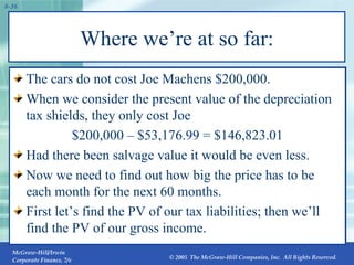 Where we’re at so far: The cars do not cost Joe Machens $200,000. When we consider the present value of the depreciation tax shields, they only cost Joe $200,000 – $53,176.99 = $146,823.01 Had there been salvage value it would be even less. Now we need to find out how big the price has to be each month for the next 60 months. First let’s find the PV of our tax liabilities; then we’ll find the PV of our gross income. 