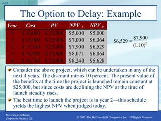 The Option to Delay: Example Consider the above project, which can be undertaken in any of the next 4 years. The discount rate is 10 percent. The present value of the benefits at the time the project is launched remain constant at $25,000, but since costs are declining the NPV at the time of launch steadily rises. The best time to launch the project is in year 2—this schedule yields the highest NPV when judged today. 2 ) 10 . 1 ( 900 , 7 $ 529 , 6 $  