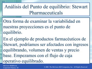 Análisis del Punto de equilibrio: Stewart Pharmaceuticals Otra forma de examinar la variabilidad en nuestras proyecciones es el punto de equilibrio. En el ejemplo de productos farmacéuticos de Stewart, podríamos ser afectados con ingresos equilibrando, volumen de ventas y precio base. Empezamos con el flujo de caja operativo equilibrado. 8- 