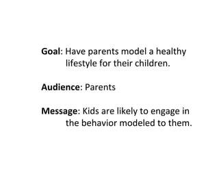 Goal: Have parents model a healthy
      lifestyle for their children.

Audience: Parents

Message: Kids are likely to engage in
     the behavior modeled to them.
 