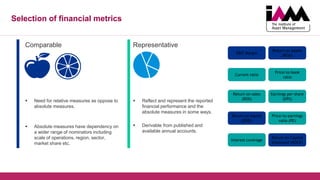Selection of financial metrics
Comparable
 Need for relative measures as oppose to
absolute measures.
 Absolute measures have dependency on
a wider range of nominators including
scale of operations, region, sector,
market share etc.
Representative
 Reflect and represent the reported
financial performance and the
absolute measures in some ways.
 Derivable from published and
available annual accounts.
Return on Assets
(ROA)
EBIT Margin
Return on equity
(ROE)
Return on sales
(ROS)
Current ratio
Interest coverage
Earnings per share
(EPS)
Price-to-earnings
ratio (PE)
Price-to-book
ratio
Return on Capital
Employed (ROCE)
 