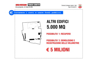 AREA ROSSANI PARCO SUBITO!                      Sinistra Ecologia Libertà - Bari
 Una proposta. Un’idea di città                                Bari 07.06.2011



Contenere i costi e usare fondi pubblici




                                  ALTRI EDIFICI
                                  5.000 MQ
                                  POSSIBILITA’ 1: RECUPERO

                                  POSSIBILITA’ 2: DEMOLIZIONE E
                                  RICOSTRUZIONE DELLE VOLUMETRIE


                                  € 5 MILIONI
 